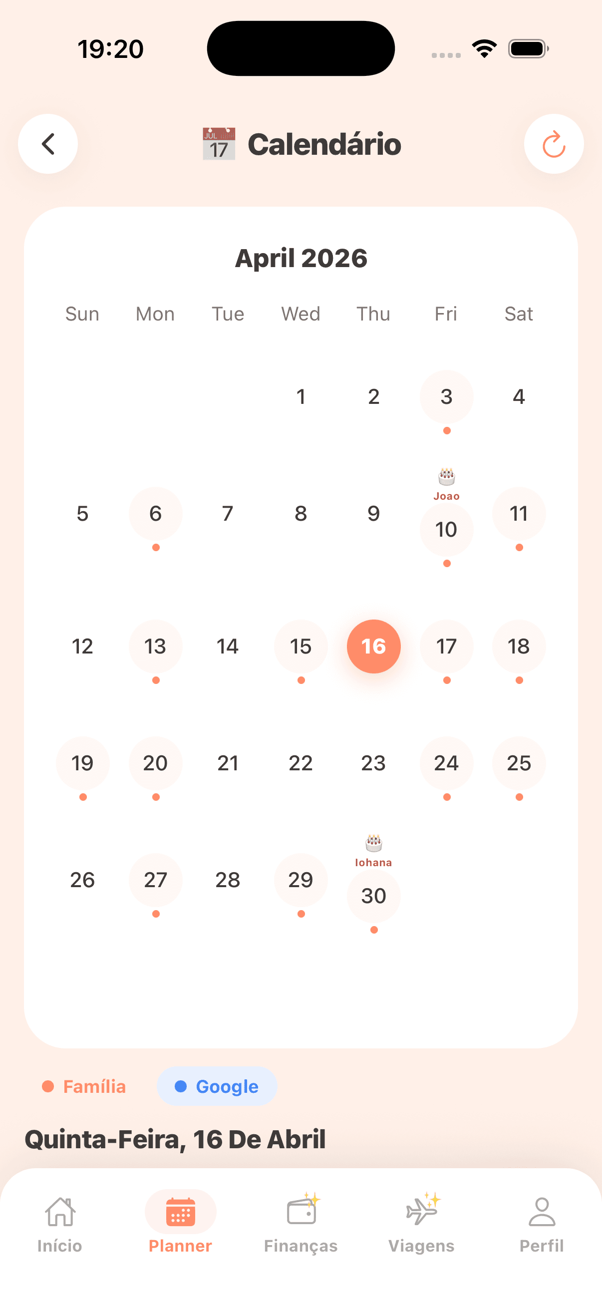 Tela de calendário
