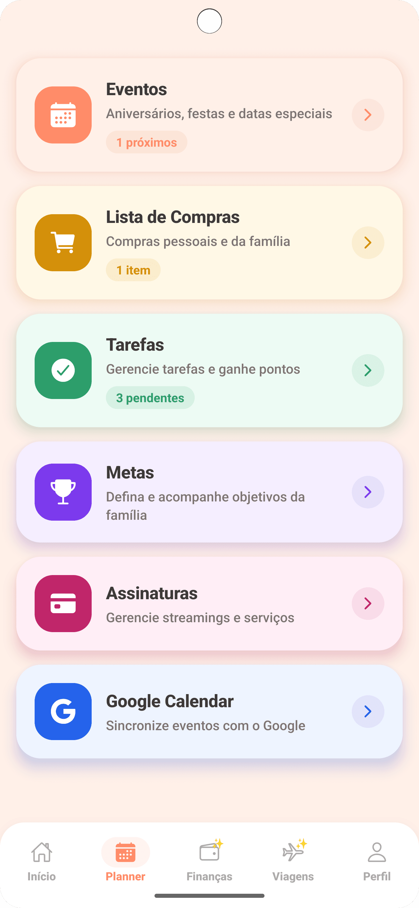 Tela de eventos e features